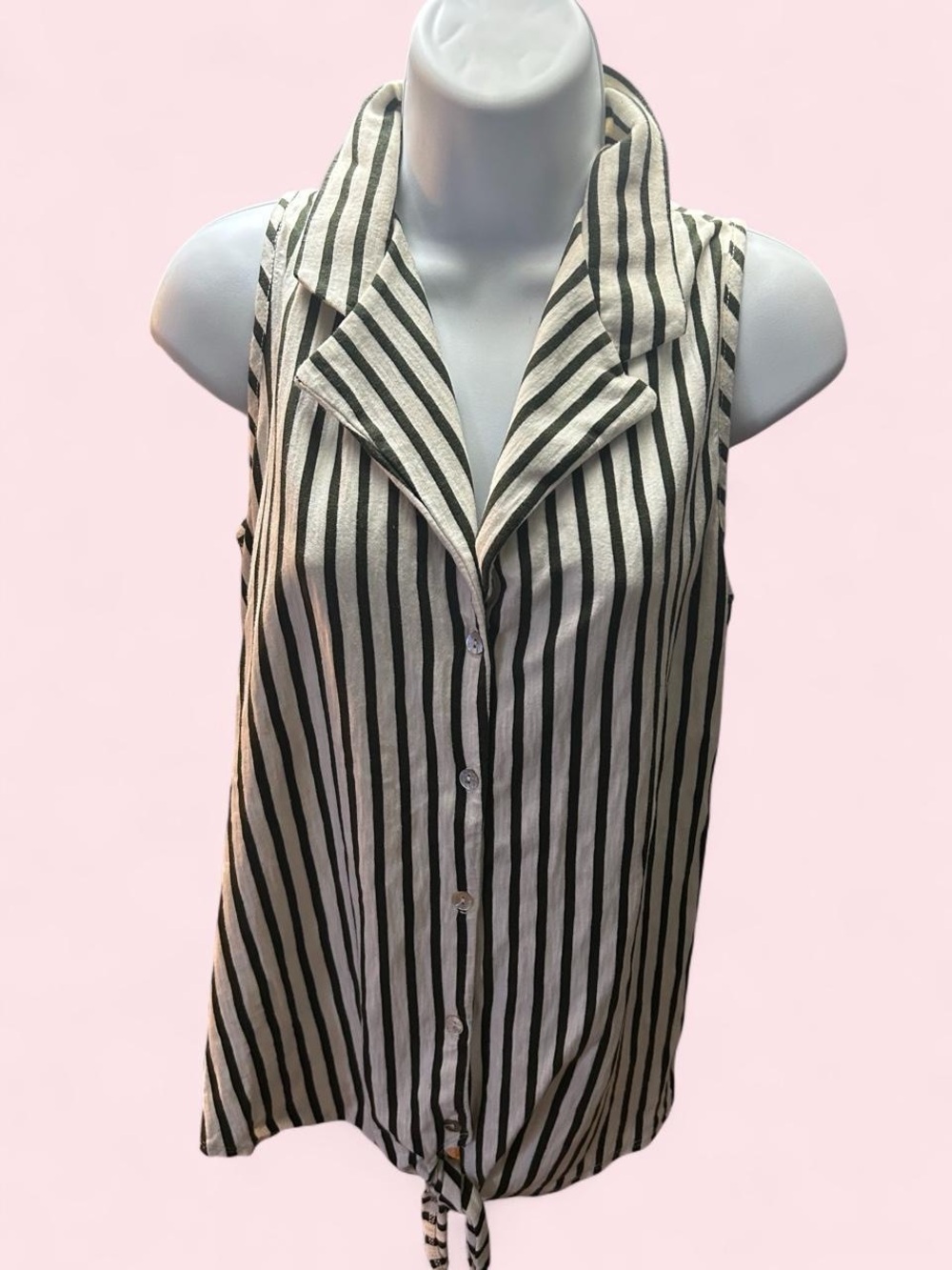 Sleeveless Olive Green and White Striped Button-Front Tie-Hem Top
